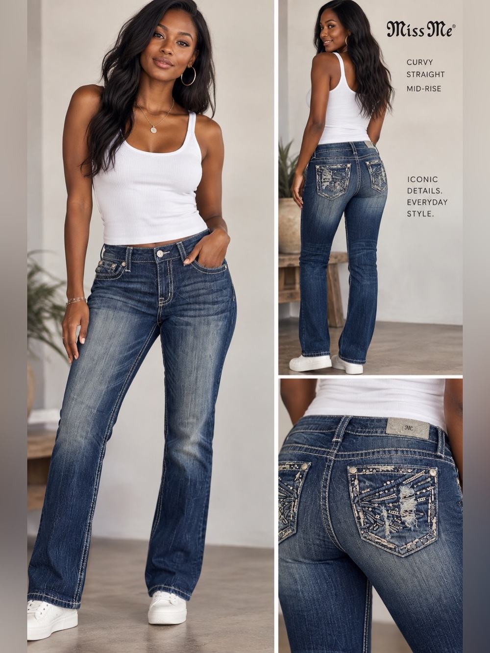 Miss Me Curvy Straight Jeans Sz 32 x 31.5 Mid Rise Dark Blue Embellished Pockets